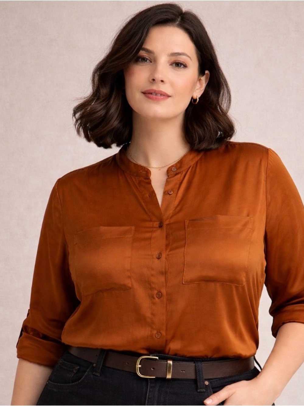 Worthington Rust-Brown Band Collar Button-Up Blouse